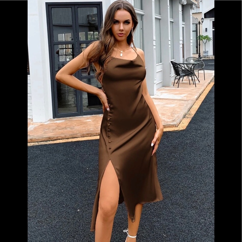 Brown Satin Slip Dress